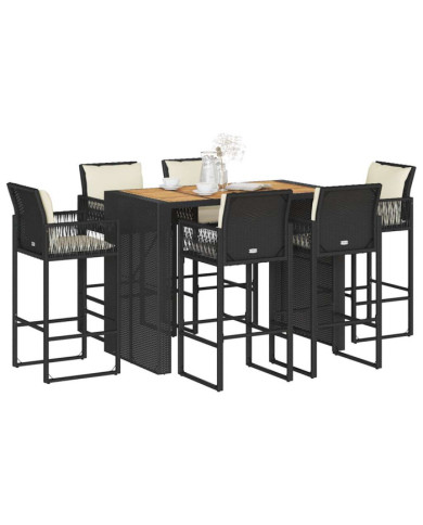 Ensemble de bar de jardin 7 pcs avec coussins noir poly rotin | Mobilier & Déco