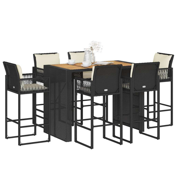 Ensemble de bar de jardin 7 pcs avec coussins noir poly rotin | Mobilier & Déco