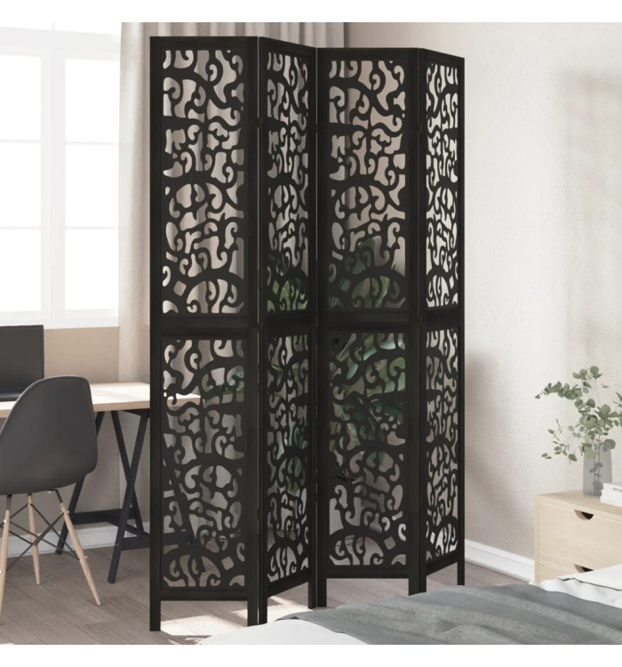 Cloison de séparation 4 panneaux noir bois de paulownia massif | Mobilier & Déco