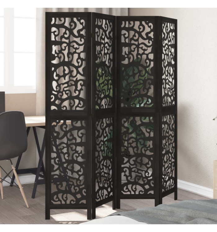 Cloison de séparation 4 panneaux noir bois de paulownia massif | Mobilier & Déco