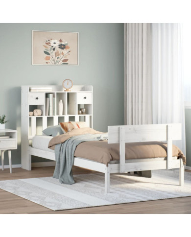 Lit bibliothèque sans matelas blanc 100x200 cm bois pin massif | Mobilier & Déco