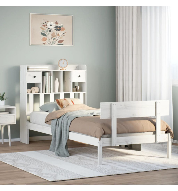 Lit bibliothèque sans matelas blanc 100x200 cm bois pin massif | Mobilier & Déco