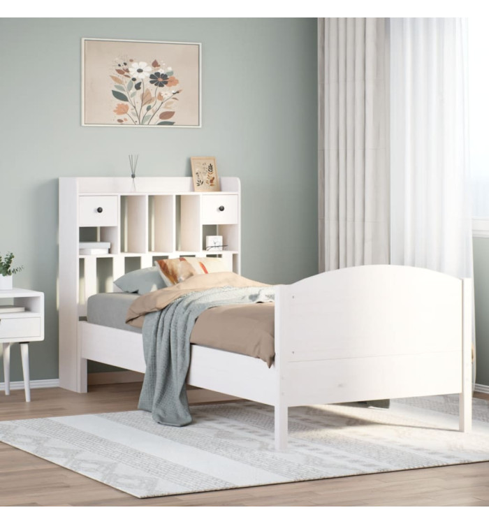 Lit bibliothèque sans matelas blanc 100x200 cm bois pin massif | Mobilier & Déco