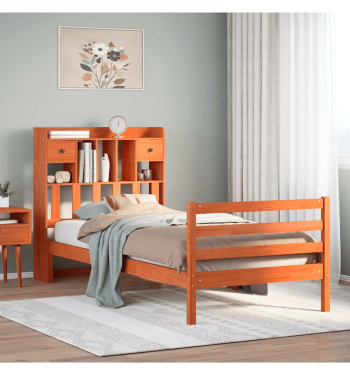 Lit bibliothèque sans matelas cire marron 75x190 cm pin massif | Mobilier & Déco