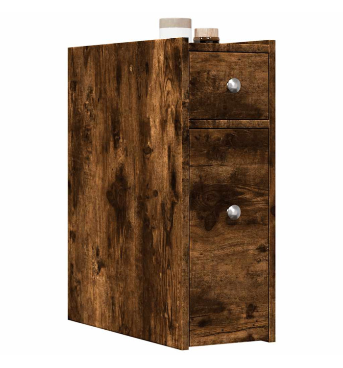 Armoire de salle de bain étroite avec roulettes chêne fumé | Mobilier & Déco