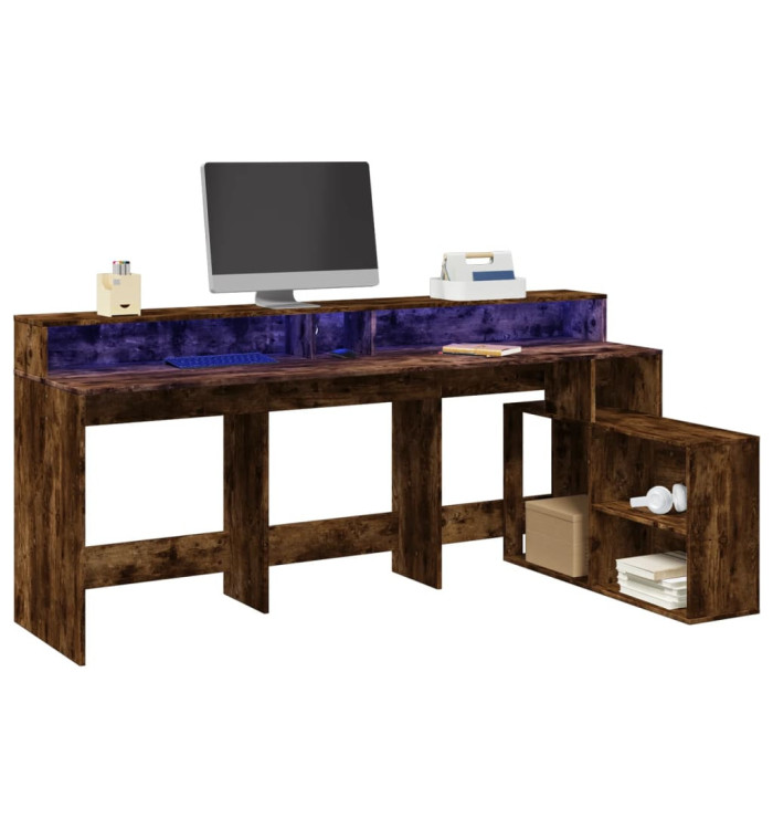 Bureau et lumières LED chêne fumé 200x104x91cm bois ingénierie | Mobilier & Déco