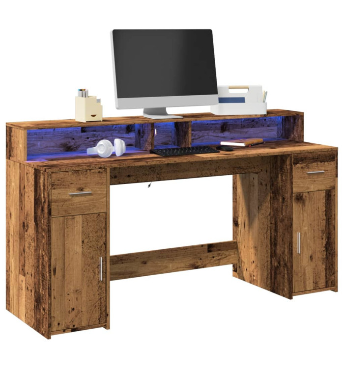 Bureau avec lumières LED vieux bois bois d'ingénierie | Mobilier & Déco