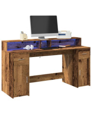 Bureau avec lumières LED vieux bois bois d'ingénierie | Mobilier & Déco