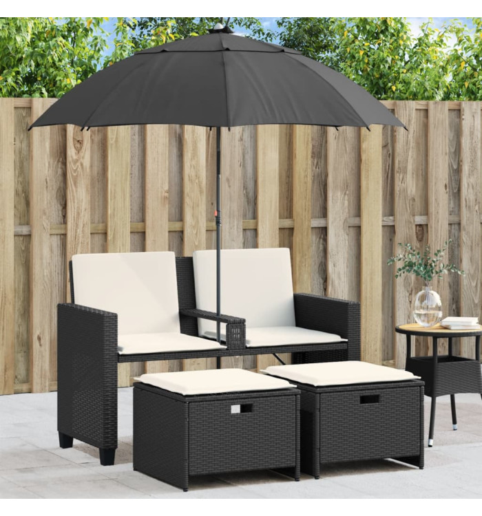 Canapé de jardin 2 places avec parasol et tabourets noir rotin | Mobilier & Déco