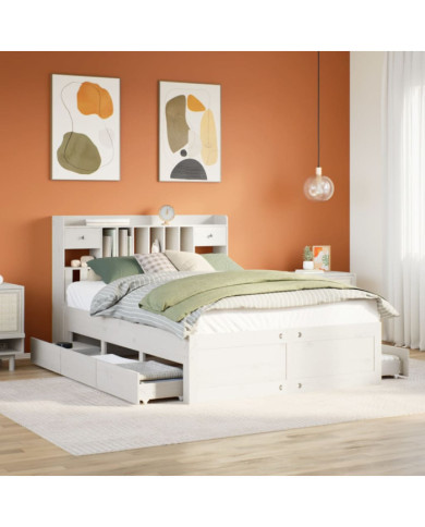 Lit bibliothèque sans matelas blanc 140x200 cm bois pin massif | Mobilier & Déco