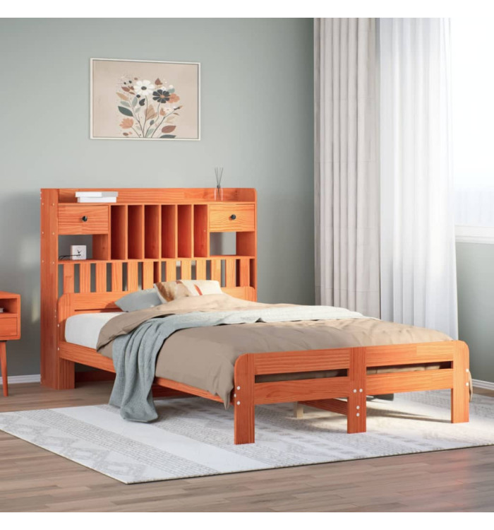 Lit bibliothèque sans matelas cire marron 120x200 cm pin massif | Mobilier & Déco