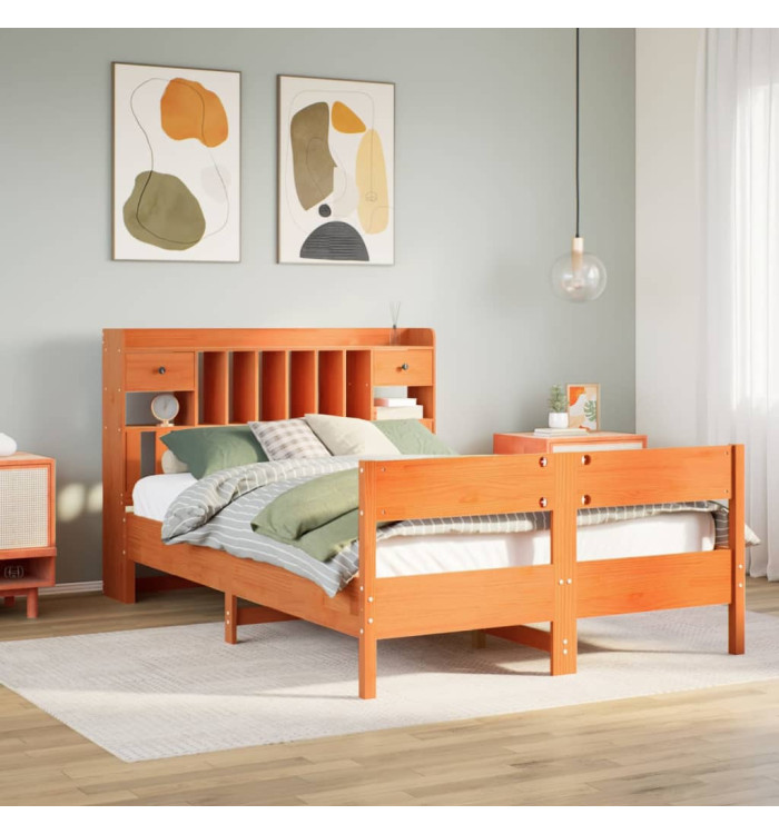 Lit bibliothèque sans matelas cire marron 160x200 cm pin massif | Mobilier & Déco
