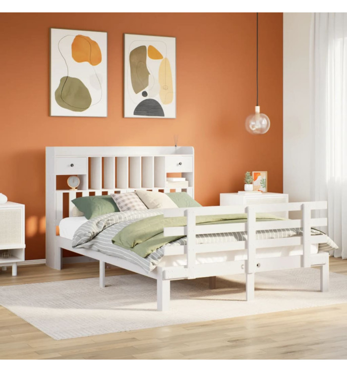 Lit bibliothèque sans matelas blanc 140x200 cm bois pin massif | Mobilier & Déco