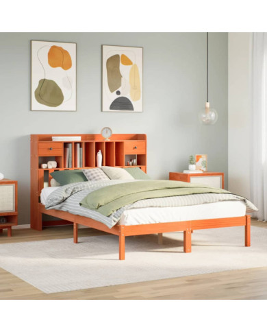 Lit bibliothèque sans matelas cire marron 150x200 cm pin massif | Mobilier & Déco