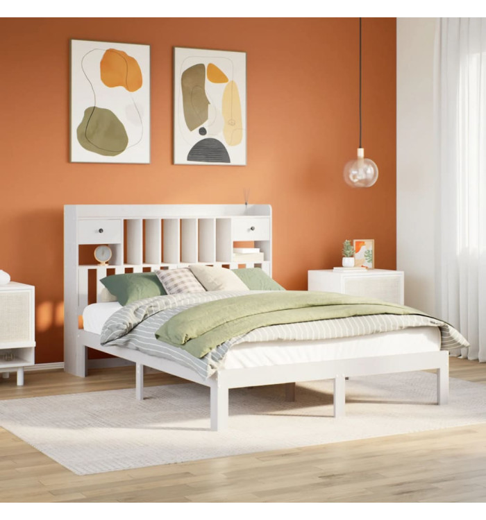 Lit bibliothèque sans matelas blanc 140x190 cm bois pin massif | Mobilier & Déco