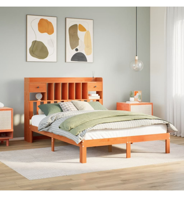 Lit bibliothèque sans matelas cire marron 140x200 cm pin massif | Mobilier & Déco