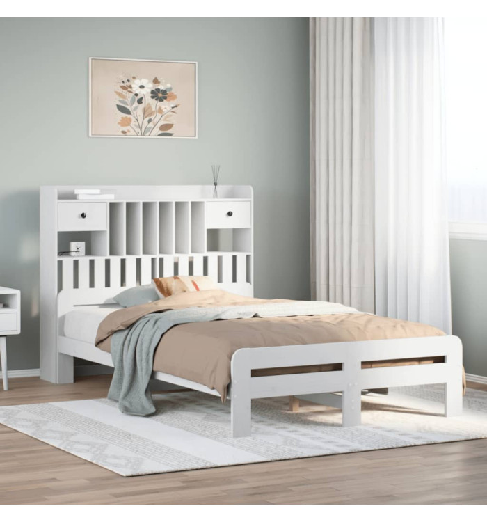 Lit bibliothèque sans matelas blanc 135x190 cm bois pin massif | Mobilier & Déco