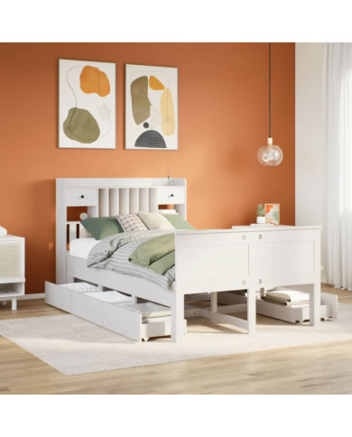 Lit bibliothèque sans matelas blanc 135x190 cm bois pin massif | Mobilier & Déco
