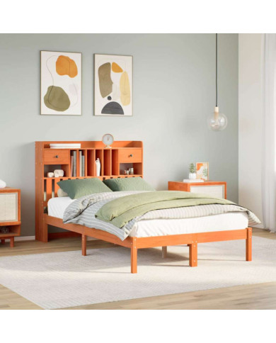 Lit bibliothèque sans matelas cire marron 135x190 cm pin massif | Mobilier & Déco