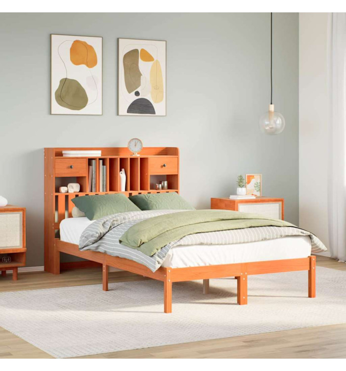 Lit bibliothèque sans matelas cire marron 135x190 cm pin massif | Mobilier & Déco