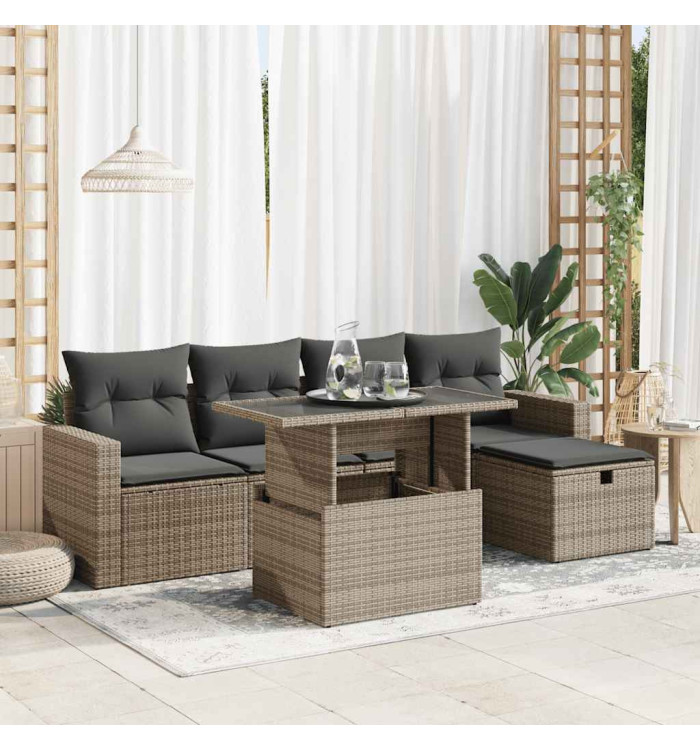 Salon de jardin 6 pcs avec coussins gris résine tressée | Mobilier & Déco