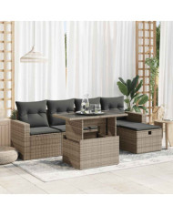 Salon de jardin 6 pcs avec coussins gris résine tressée | Mobilier & Déco