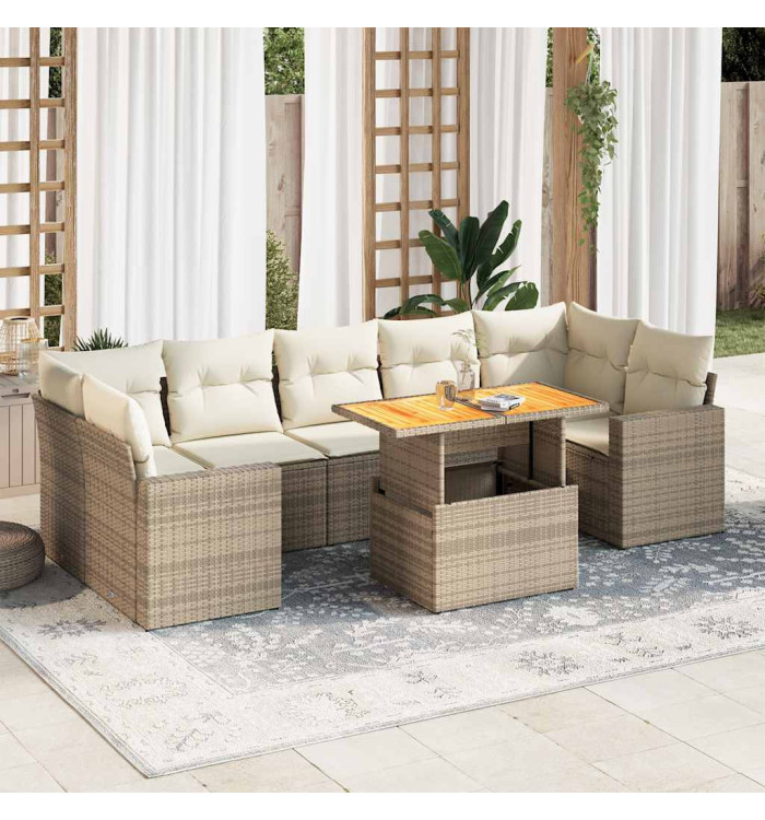 Salon de jardin avec coussins 8 pcs beige résine tressée | Mobilier & Déco