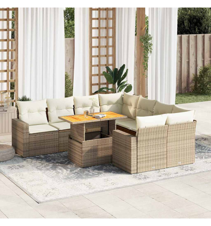 Salon de jardin avec coussins 9 pcs beige résine tressée | Mobilier & Déco