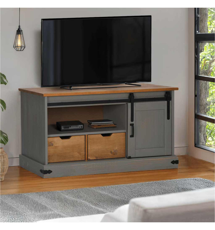 Meuble TV HALDEN porte coulissante gris 110x40x60cm bois massif | Mobilier & Déco