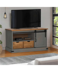 Meuble TV HALDEN porte coulissante gris 110x40x60cm bois massif | Mobilier & Déco