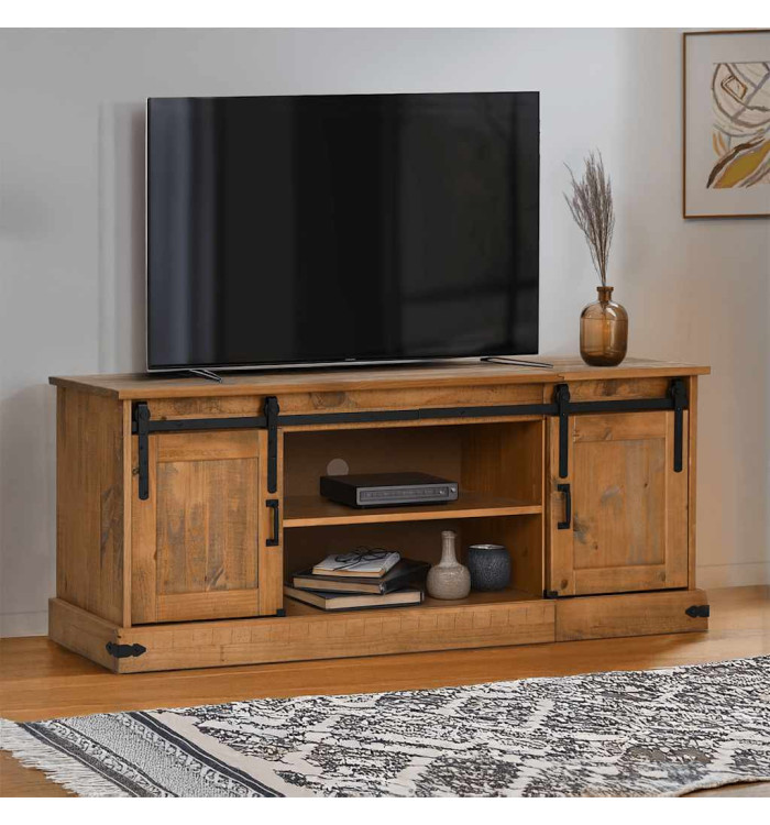 Meuble TV HALDEN 2 portes coulissantes 150x40x60 cm bois massif | Mobilier & Déco