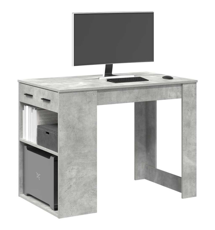 Bureau avec tiroir et étagère gris béton bois d'ingénierie | Mobilier & Déco