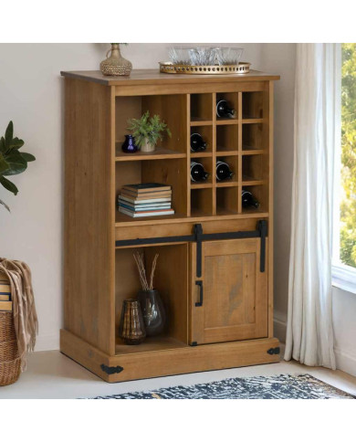 Armoire à vin HALDEN avec casiers à vin porte coulissante pin | Mobilier & Déco