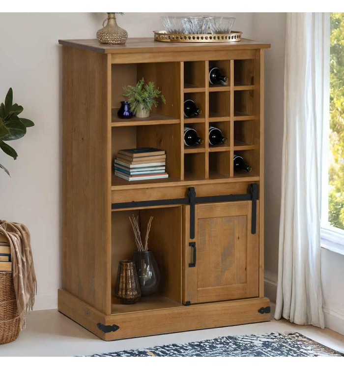 Armoire à vin HALDEN avec casiers à vin porte coulissante pin | Mobilier & Déco