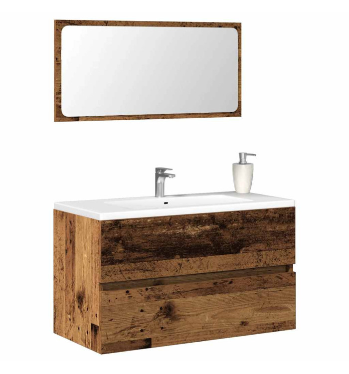 Armoire de salle de bain et miroir vieux bois bois d'ingénierie | Mobilier & Déco