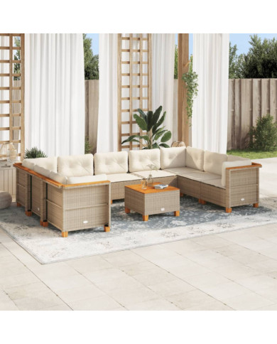 Salon de jardin avec coussins 10 pcs beige résine tressée | Mobilier & Déco