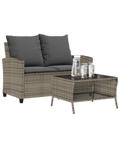 Canapé de jardin 2 places coussins et table gris résine tressée | Mobilier & Déco