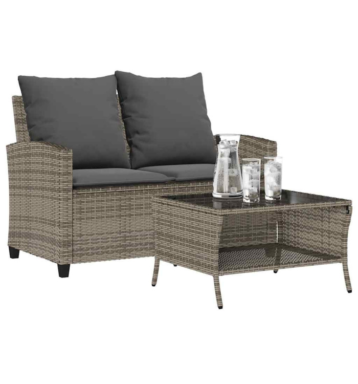 Canapé de jardin 2 places coussins et table gris résine tressée | Mobilier & Déco