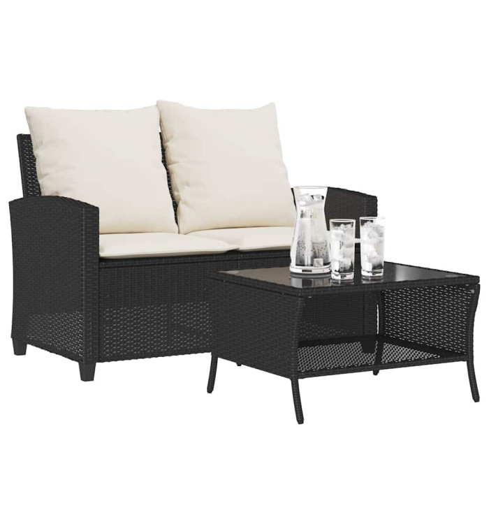 Canapé de jardin 2 places coussins et table noir résine tressée | Mobilier & Déco