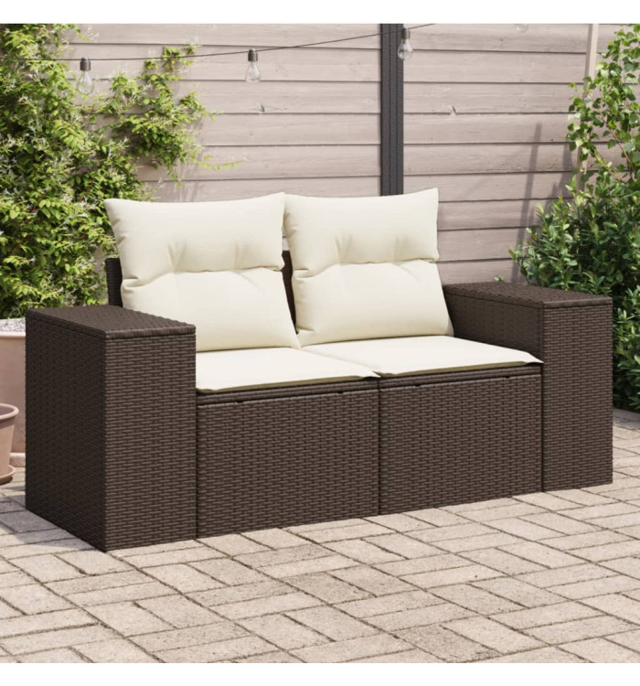 Canapé de jardin avec coussins 2 places marron résine tressée | Mobilier & Déco