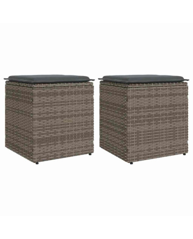 Tabourets jardin coussins lot de 2 gris 40x40x43 cm poly rotin | Mobilier & Déco