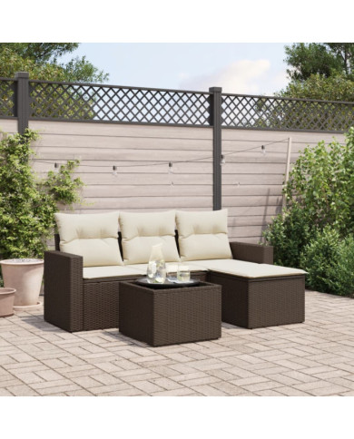 Salon de jardin avec coussins 5 pcs marron résine tressée | Mobilier & Déco
