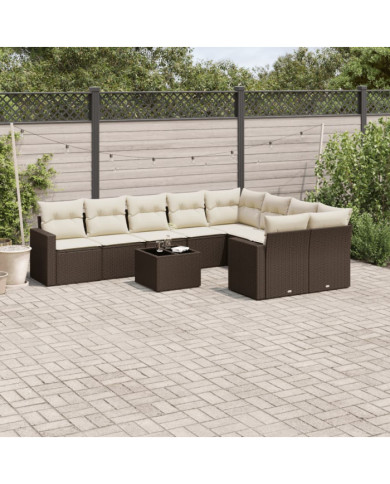 Salon de jardin 10 pcs avec coussins marron résine tressée | Mobilier & Déco