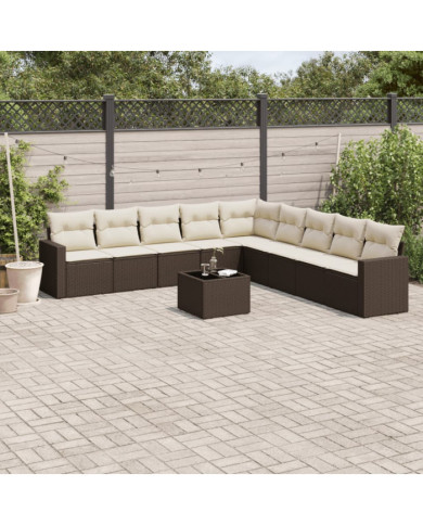 Salon de jardin 10 pcs avec coussins marron résine tressée | Mobilier & Déco