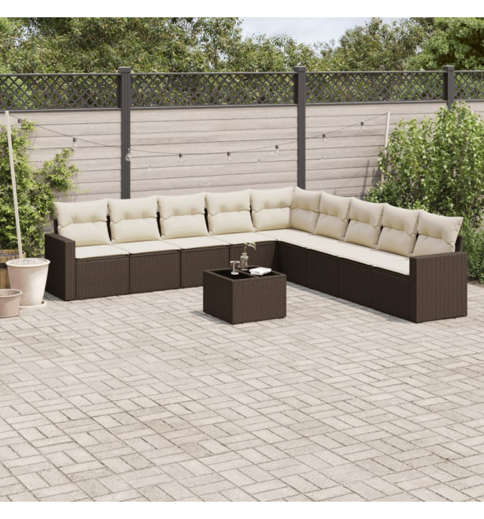 Salon de jardin 10 pcs avec coussins marron résine tressée | Mobilier & Déco