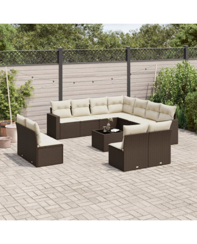 Salon de jardin avec coussins 12 pcs marron résine tressée | Mobilier & Déco