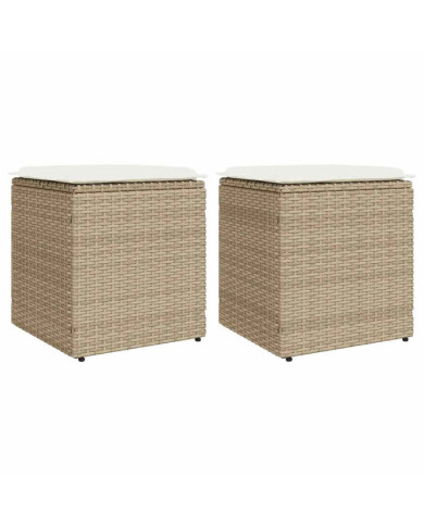 Tabourets de jardin avec coussins lot de 2 beige résine tressée | Mobilier & Déco