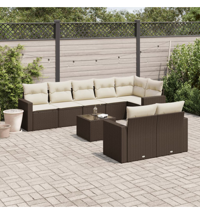 Salon de jardin avec coussins 9 pcs marron résine tressée | Mobilier & Déco