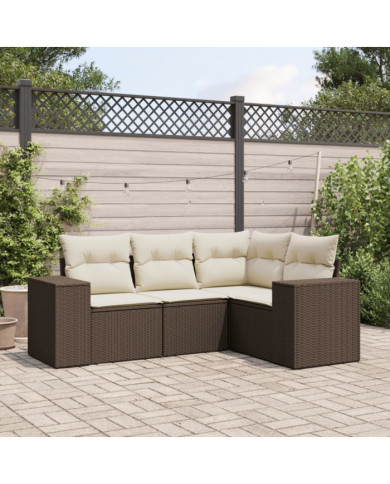 Salon de jardin 4 pcs avec coussins marron résine tressée | Mobilier & Déco