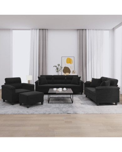 Ensemble de canapés 4 pcs avec coussins Noir Tissu microfibre | Mobilier & Déco